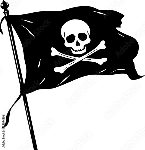 Torn Pirate Flag Monochrome Black and White Vintage Pirate Flag Illustration Design Grunge Retro Pirate Symbol Jolly Roger Pirate Banner Torn Edges Vintage Style Pirate Artwork