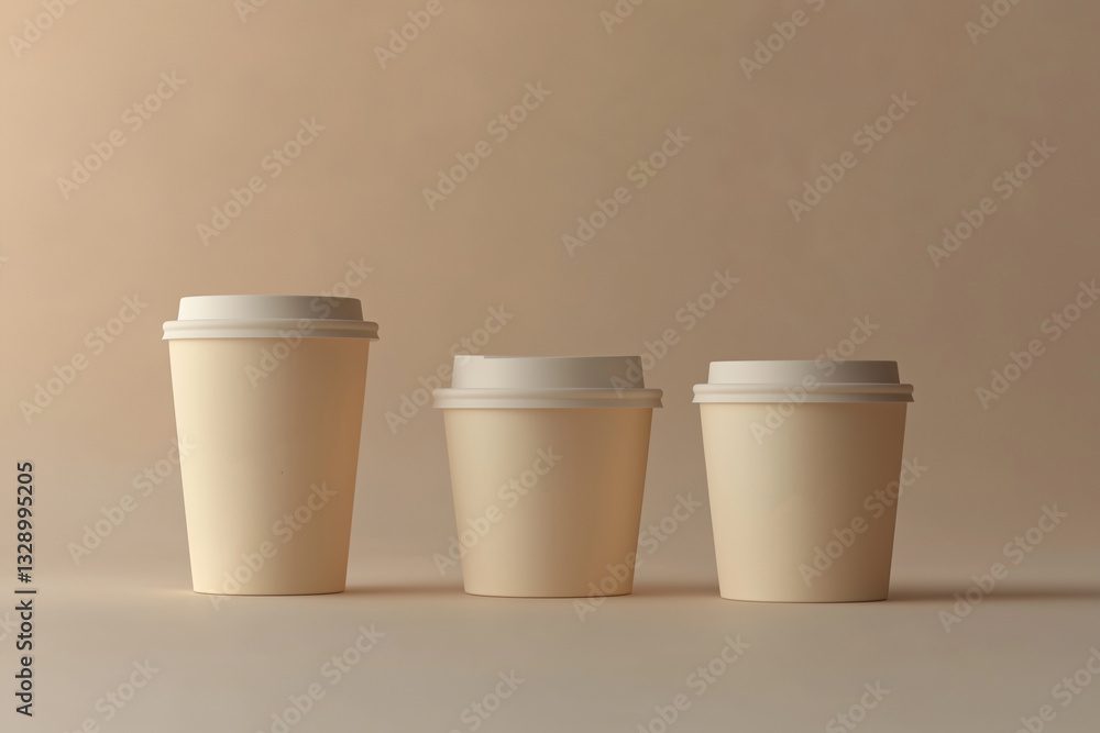 Three beige paper cups and coffee standing on beige background