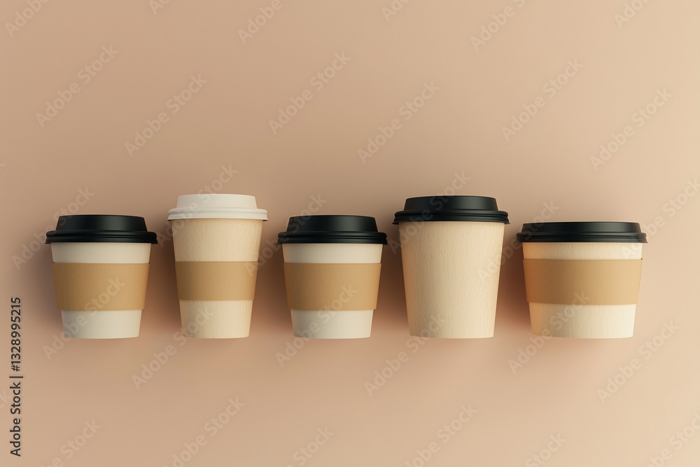 Five beige paper coffee cups of different sizes lying on beige background