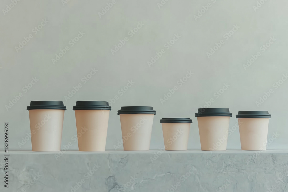 Six beige paper coffee cups of different sizes standing on a gray background