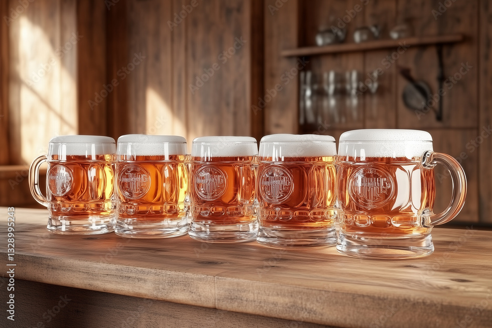 Five glass mugs of craft beer with foam standing on wooden table in bar
