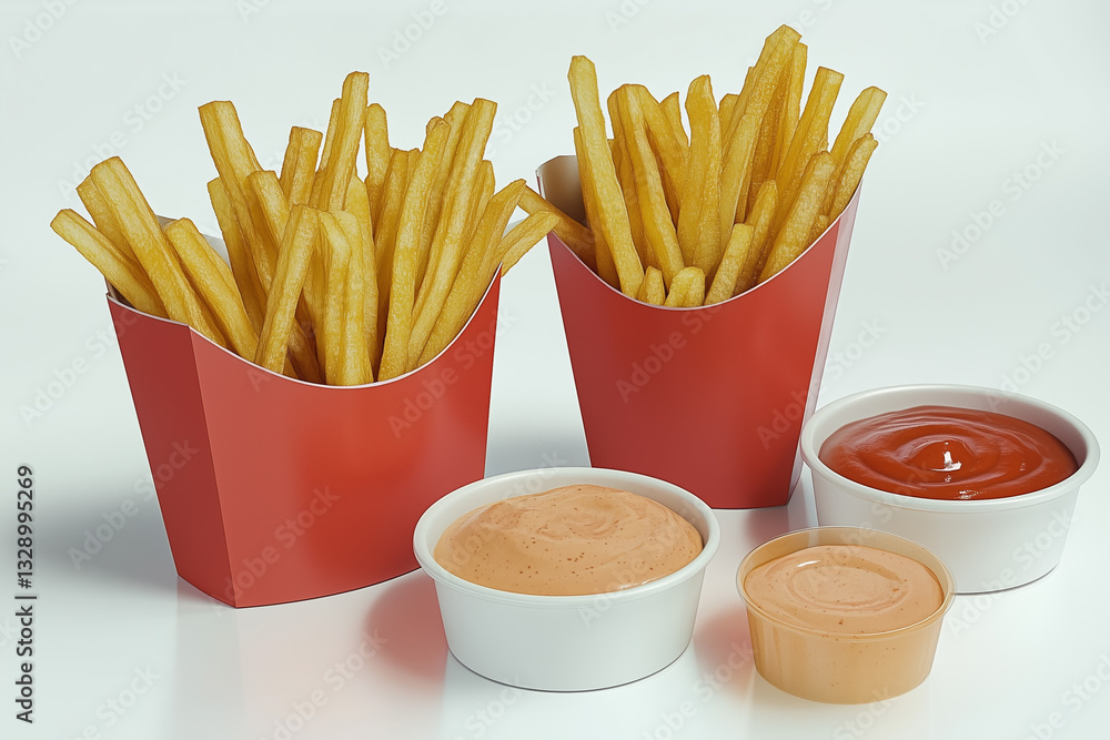 Set of french fries and various sauces on white background