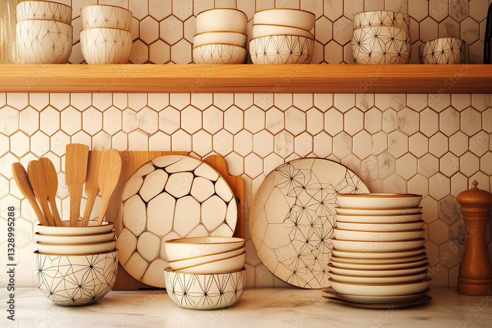 Set of geometric dishes plates cups and bowls standing on the table and shelf in the kitchen