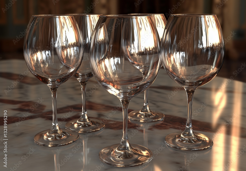 Set of five crystal wine glasses in the sun