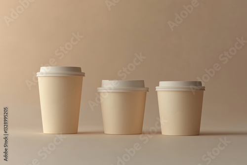 Obraz na płótnie Three beige paper cups and coffee standing on beige background w salonie