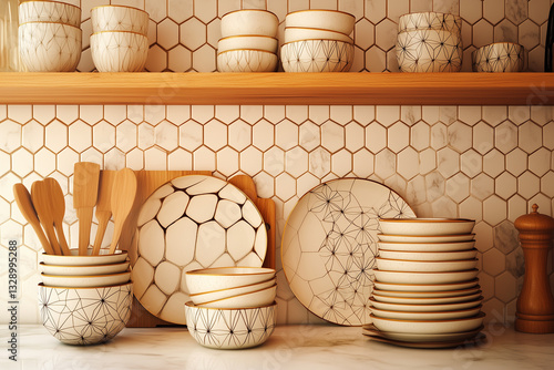 Obraz na płótnie Set of geometric dishes plates cups and bowls standing on the table and shelf in the kitchen w salonie