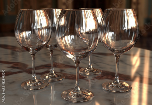 Obraz na płótnie Set of five crystal wine glasses in the sun w salonie