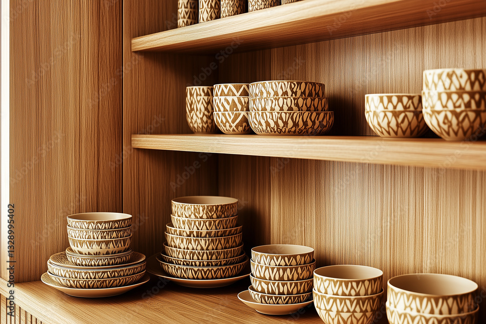 Set of ethnic dishes standing on wooden table and shelves in kitchen