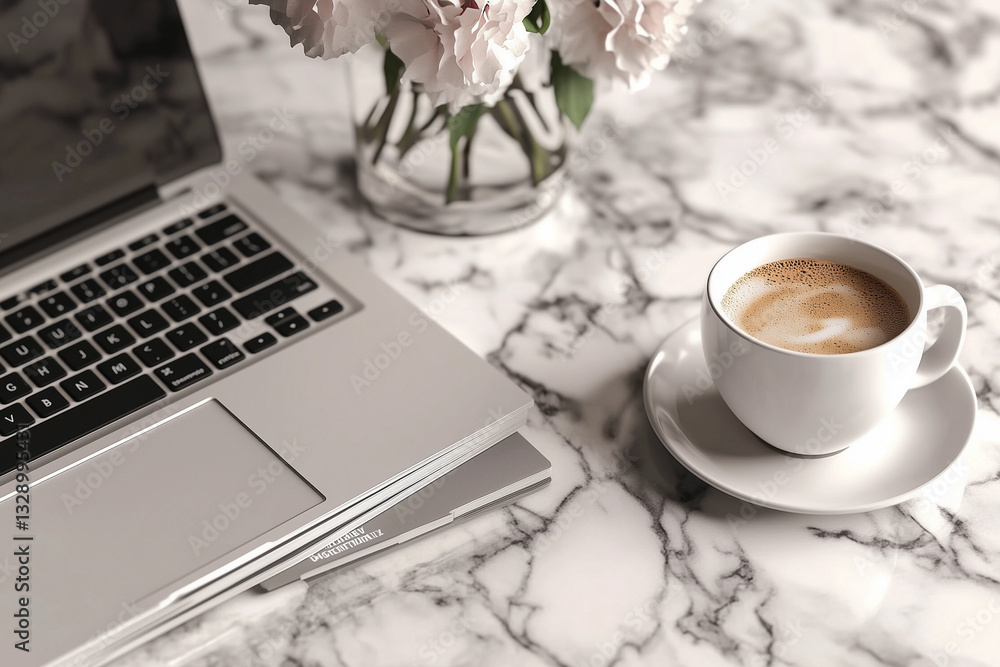 White cup of coffee standing on marble table next to bouquet of flowers and open laptop