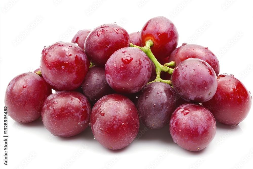 Fresh red grapes, plump and juicy, clustered on stems, glistening with water droplets Fresh red grapes, plump and juicy, clustered on stems, glistening with water droplets