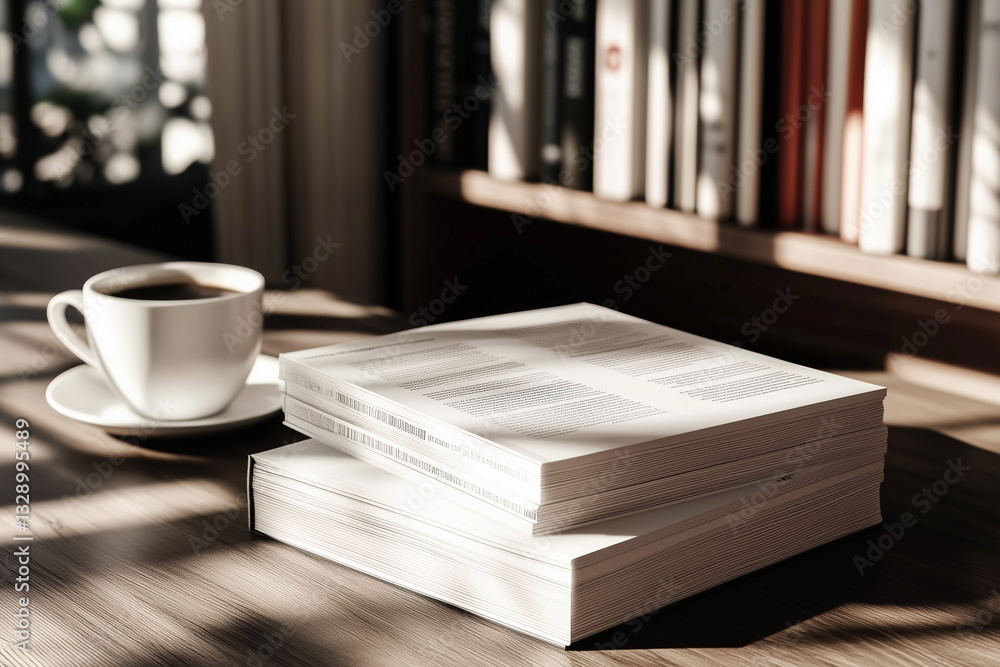 White cup of tea standing next to a shelf of books and documents lying on the table