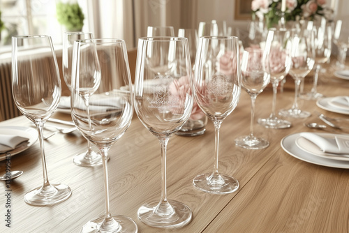 Served wedding dinner with white tableware and glass goblets in restaurant