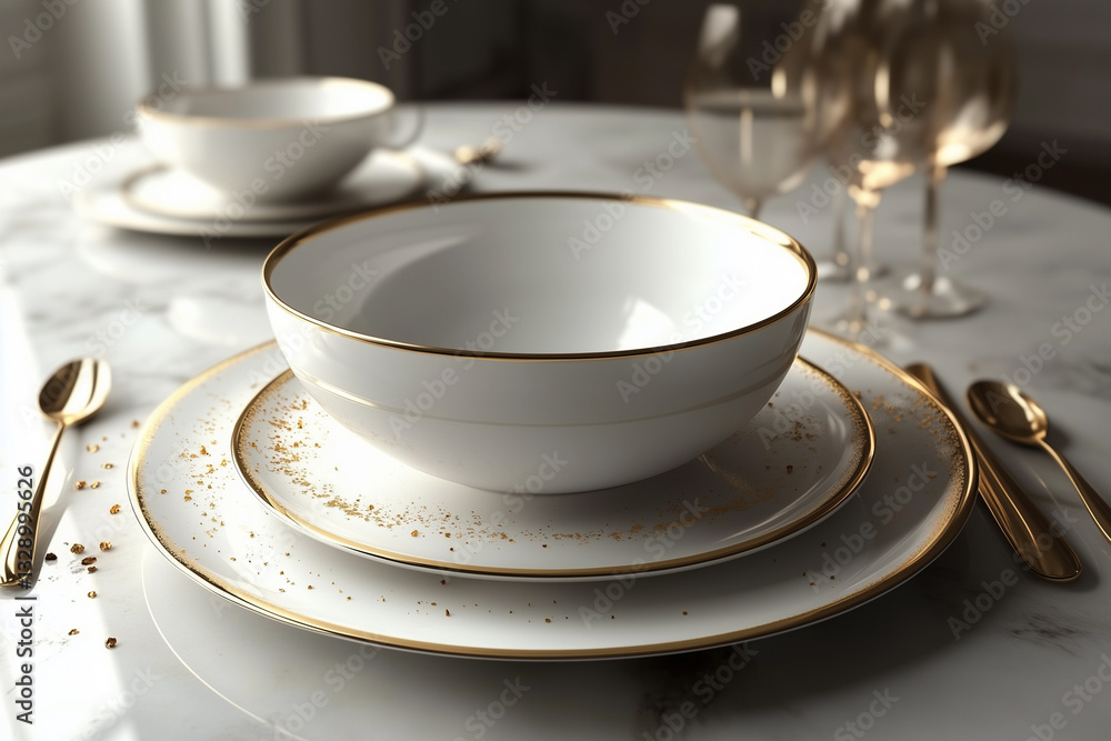 Served festive dinner with white and gold dishes and glasses