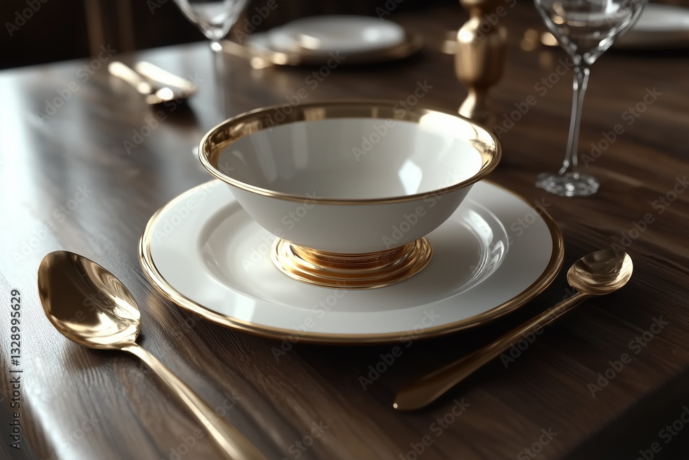 White gold dishes and cutlery standing on a wooden table