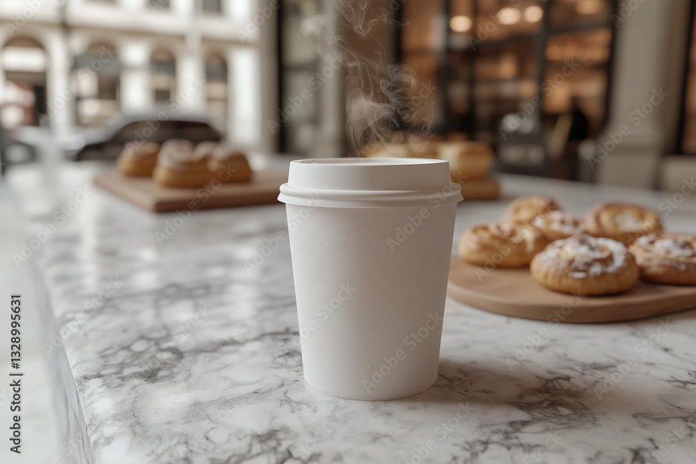 White paper cup with coffee standing on marble table against background of baked goods