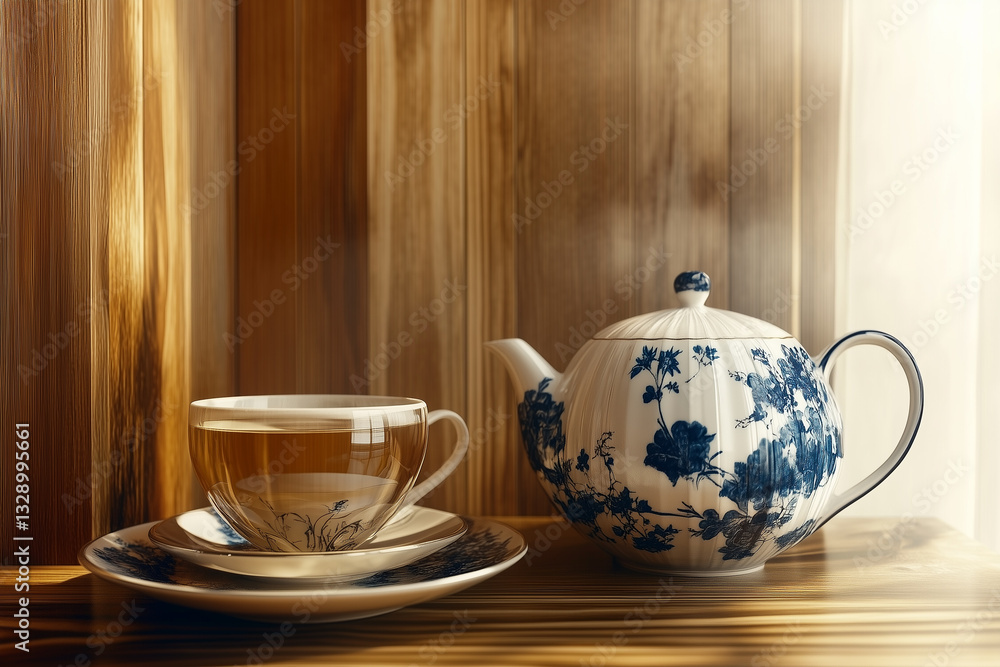 White and blue teapot and transparent tea cup standing on wooden table
