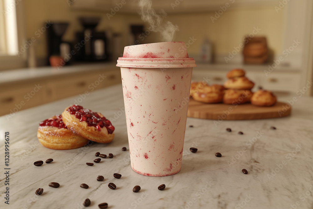 Pink paper cup of coffee standing on table next to cookies pastries scattered grains