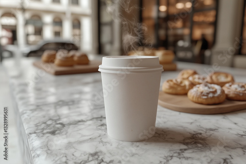 White paper cup with coffee standing on marble table against background of baked goods