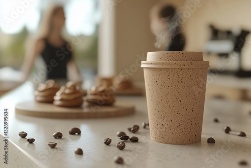 Obraz na płótnie Beige paper cup of coffee standing on table in coffee shop against background of pastries and scattered beans w salonie