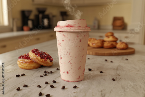 Obraz na płótnie Pink paper cup of coffee standing on table next to cookies pastries scattered grains w salonie