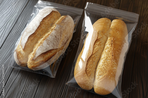 Wheat loaves of bread packed in plastic bags and lying on a wooden table