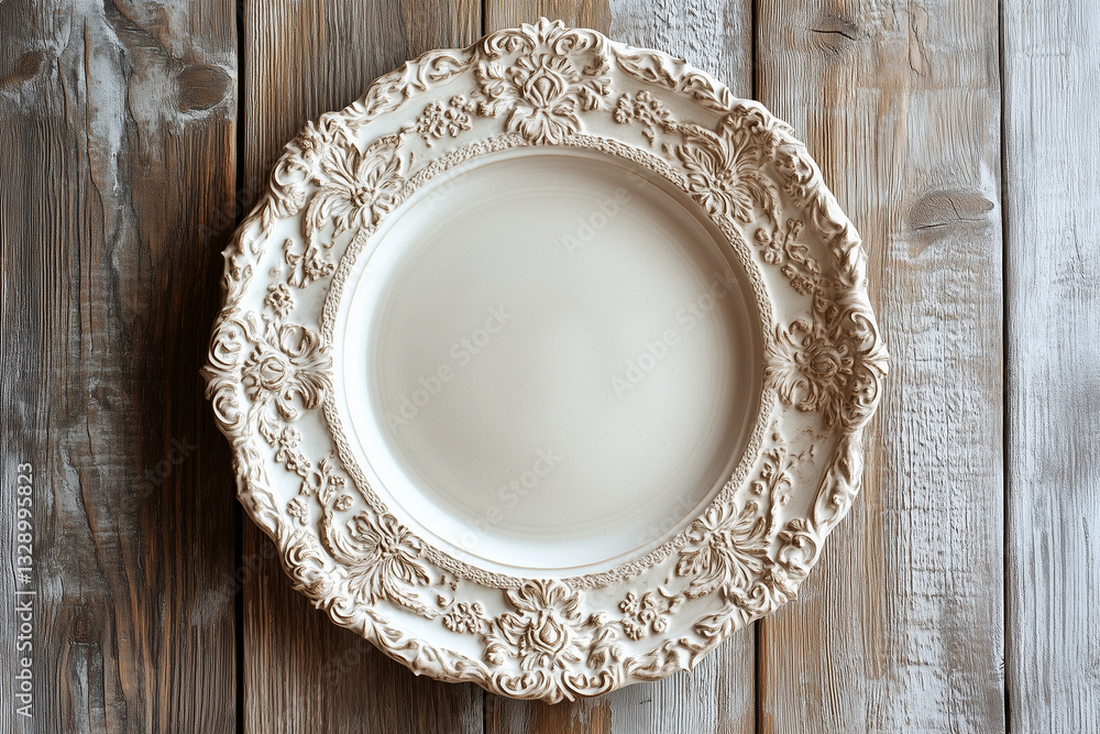 Baroque style ceramic plate with patterns standing on a wooden table