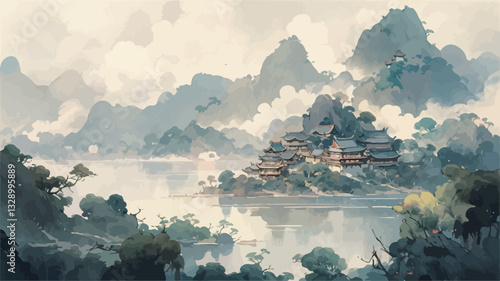 The image is a digital painting depicting a village nestled beside a lake in a misty mountain range. The color palette is muted, with soft blues, greens, and greys dominating. The style is