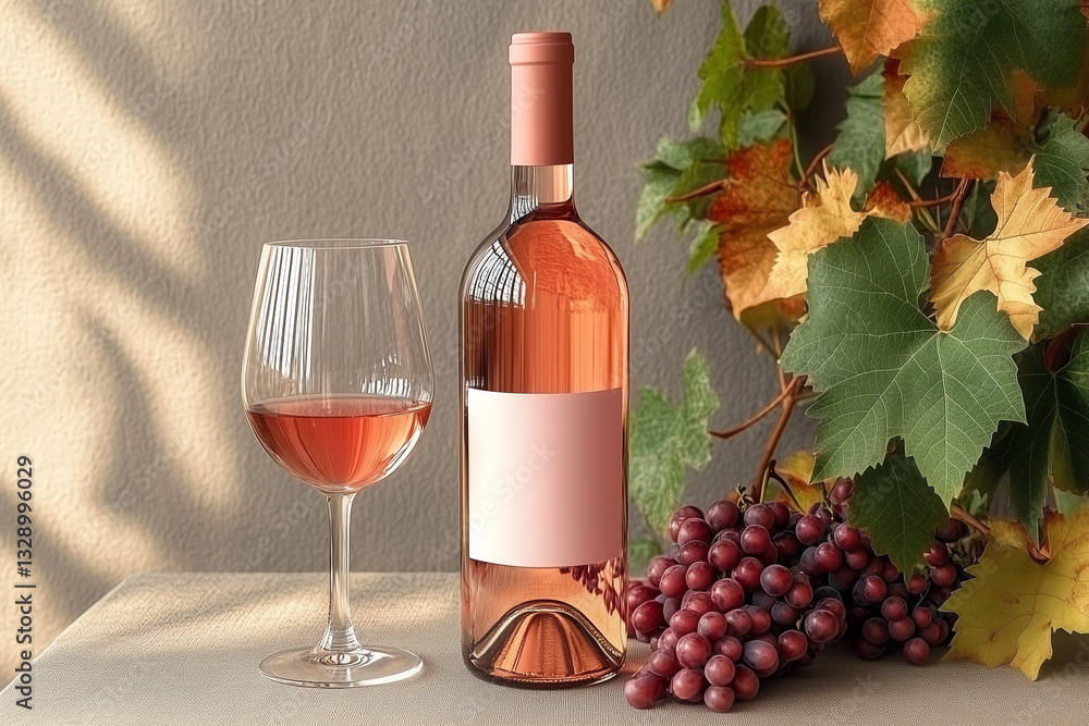 Bottle of rose wine standing next to glass of wine bunches of grapes and green leaves