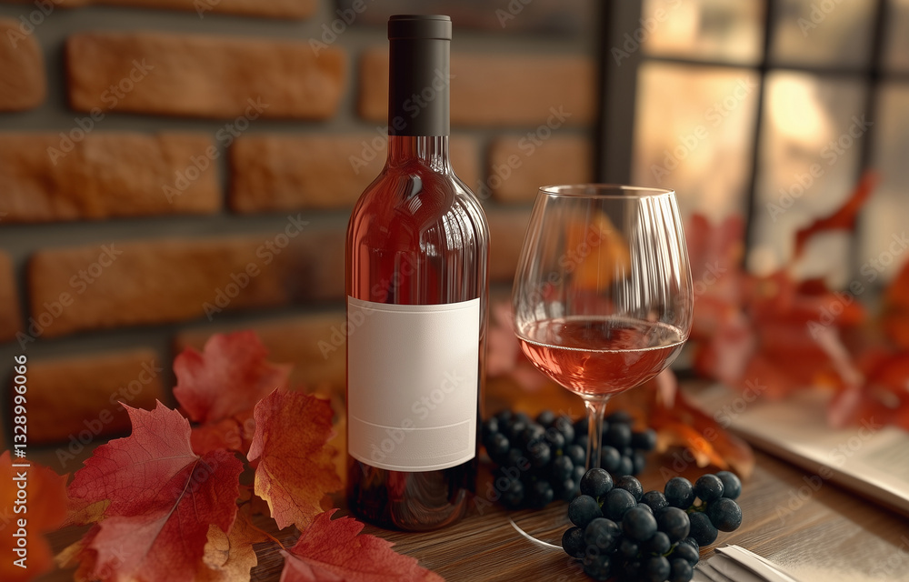 Bottle of rose wine standing on a table next to a glass, bunches of blue grapes and red leaves