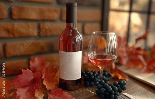 Obraz na płótnie Bottle of rose wine standing on a table next to a glass, bunches of blue grapes and red leaves w salonie