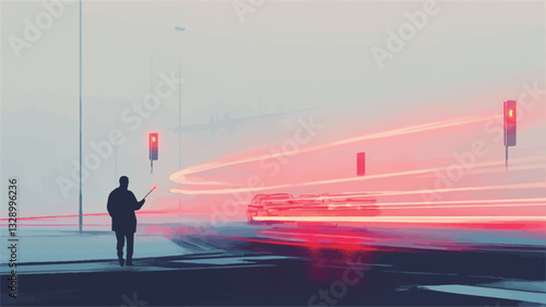 The image is a stylized digital painting or illustration. It depicts a lone, dark silhouette of a person holding what appears to be a traffic signal or similar device. The background shows a
