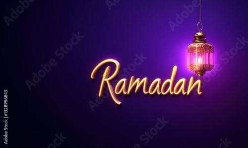ramadan golden text with hanging pink lantern on purple gradient