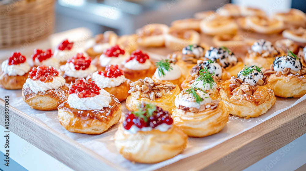 Assorted golden-brown pastries with pomegranate and cream on wood Assorted golden-brown pastries with pomegranate and cream on wood