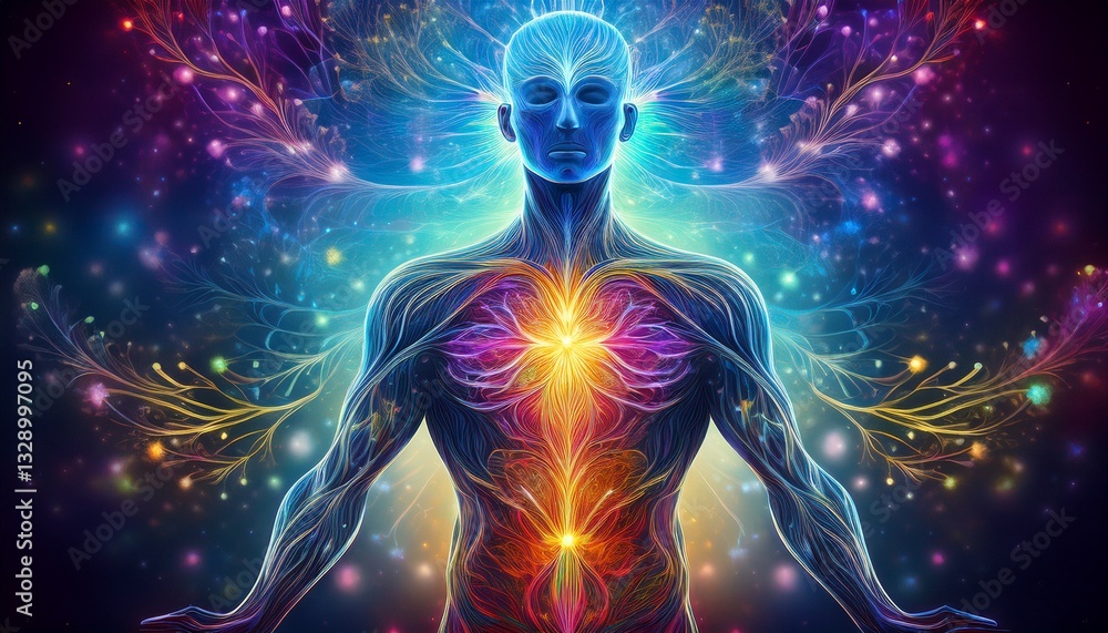 A surreal fusion of human anatomy and chakra pathways, revealing the divine energy flow with vibrant colors, intertwining the physical and spiritual realms in a cosmic, glowing vision.
A surreal fusion of human anatomy and chakra pathways, revealing the divine energy flow with vibrant colors, intertwining the physical and spiritual realms in a cosmic, glowing vision.