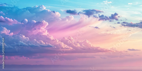 A vibrant pastel sunset with fluffy cumulus clouds creates a peaceful, dreamy skyscape.