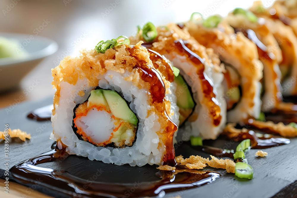 Seafood Alternative Halal Sushi Creation with Cooked Shrimp Avocado and Crunchy Vegetable Toppings Seafood Alternative Halal Sushi Creation with Cooked Shrimp Avocado and Crunchy Vegetable Toppings