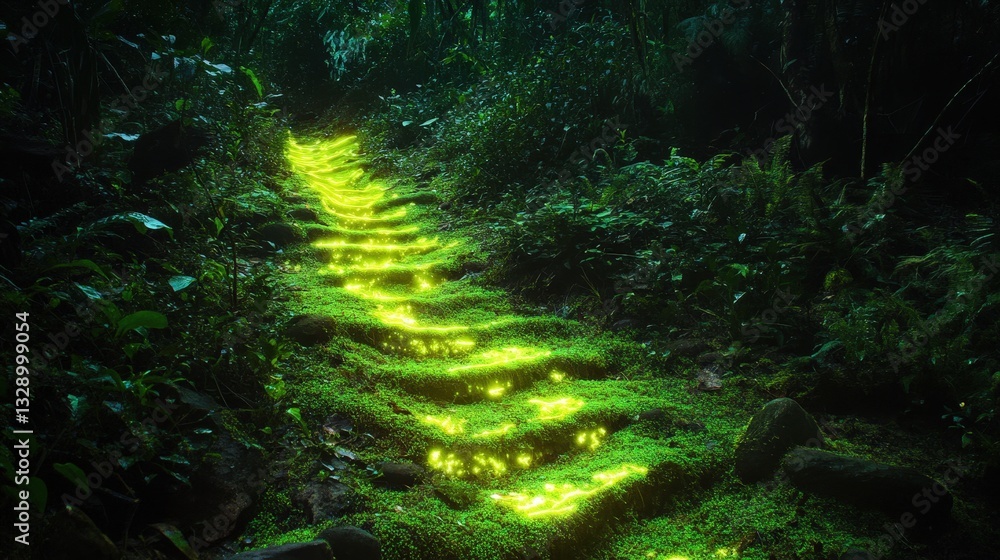 A glowing trail of bioluminescent moss, forming a magical path through an uncharted mystical jungle. A glowing trail of bioluminescent moss, forming a magical path through an uncharted mystical jungle.