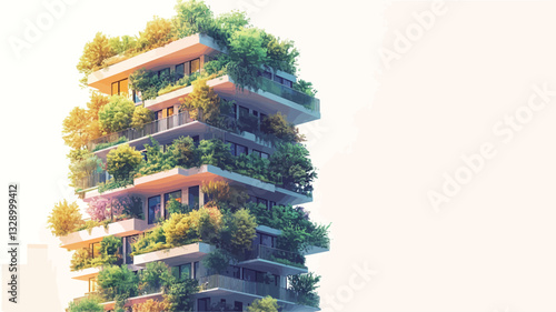 Digital illustration depicting a tall, multi-story building with abundant greenery integrated into its design.  The building features multiple levels, each with balconies or terraces displaying