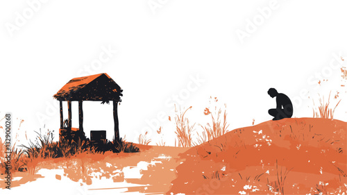 The illustration depicts a minimalist landscape in warm orange and beige tones. A lone, dark silhouette of a person is crouched on a small sand dune.  In the background, a simple, dark silhouette