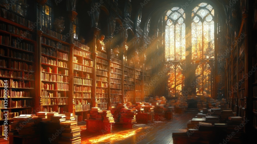 Fototapeta premium Majestic Old Library Interior Sunlight Books Gothic Windows Cozy Ambiance