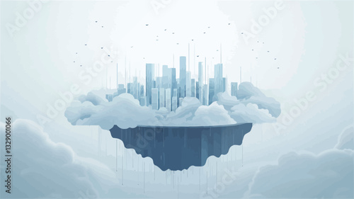 A digital illustration depicting a miniature cityscape situated on a floating island comprised of stylized clouds. The cityscape is rendered in shades of light blue, with buildings of varying