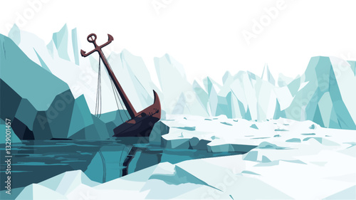 A digital illustration depicting a low-poly style scene. The image features a dark-colored anchor partially submerged in icy water, surrounded by polygonal icebergs and a frozen landscape.  The