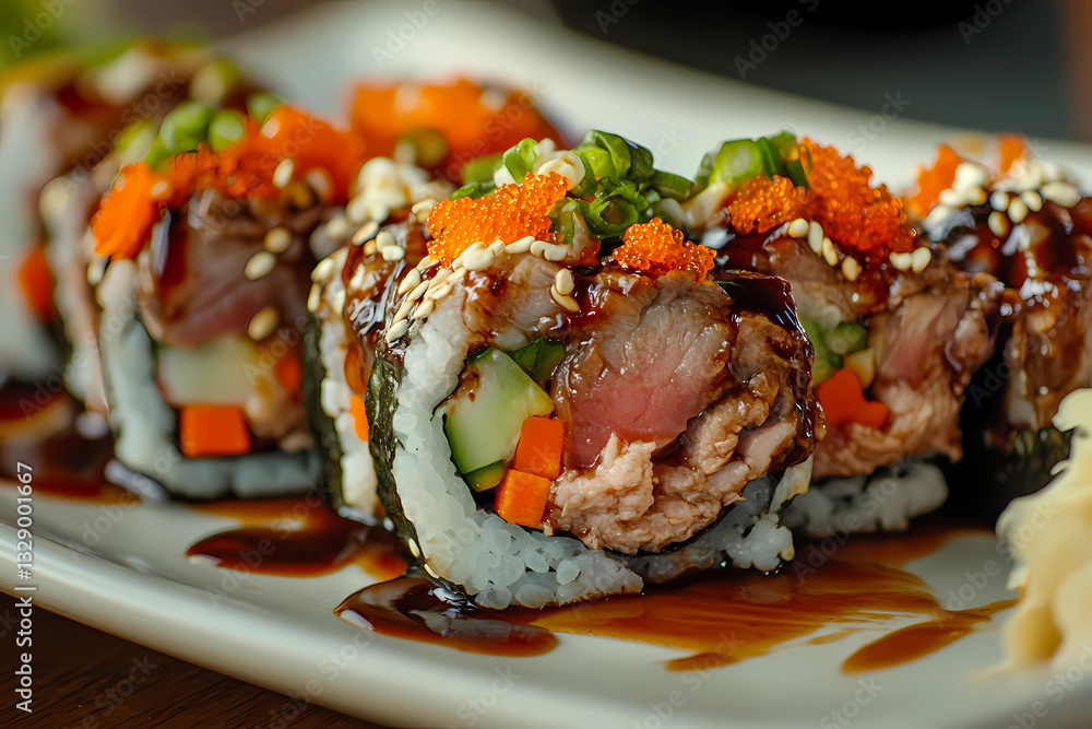 Premium Halal-Certified Sushi Creation with Tender Protein Slices and Fresh Complementary Ingredients Premium Halal-Certified Sushi Creation with Tender Protein Slices and Fresh Complementary Ingredients