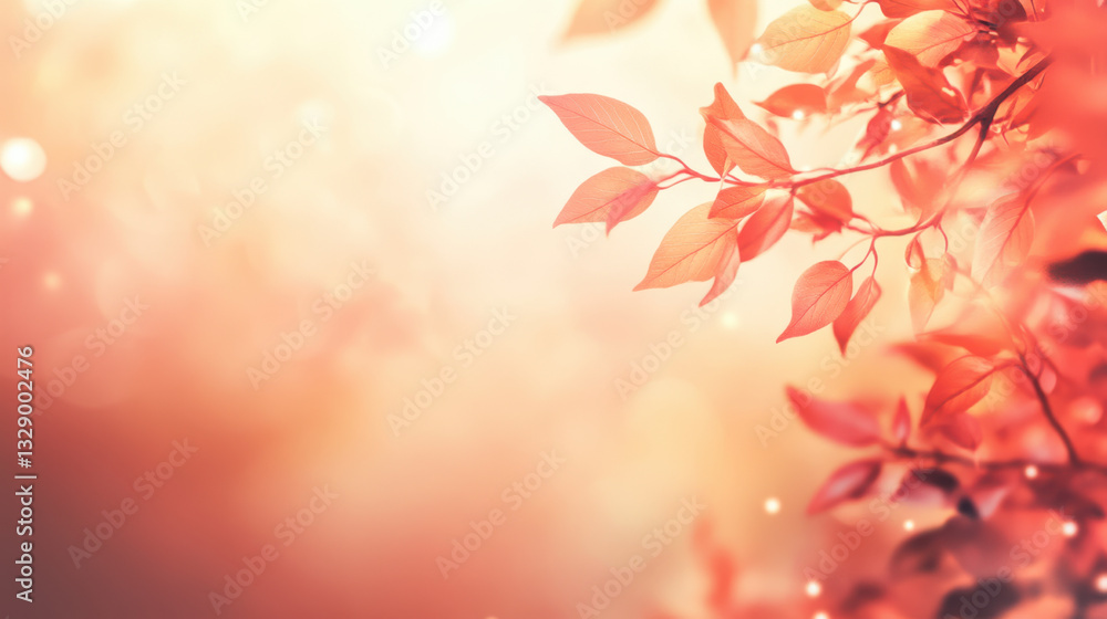 Soft focus image of delicate, reddish-orange autumn leaves on a branch, backlit by warm sunlight. Soft focus image of delicate, reddish-orange autumn leaves on a branch, backlit by warm sunlight.