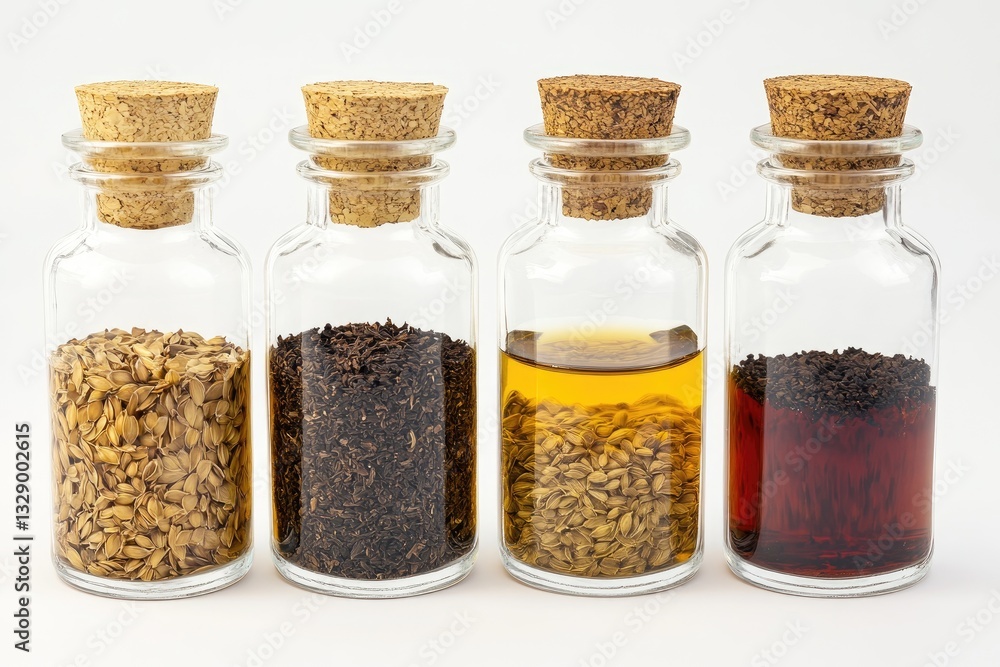 Four small glass bottles with cork lids, containing various plant-based products Four small glass bottles with cork lids, containing various plant-based products