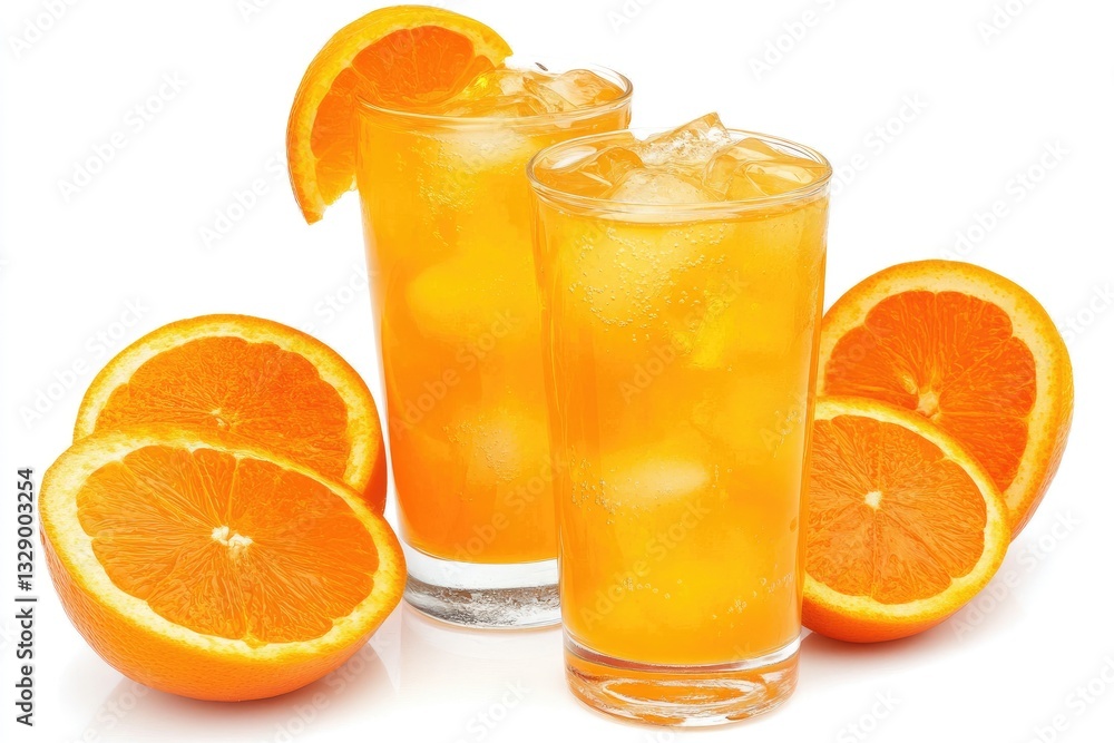 Refreshing orange juice in tall glasses. Two glasses filled with ice and orange juice, garnished with orange slices. Refreshing orange juice in tall glasses. Two glasses filled with ice and orange juice, garnished with orange slices.
