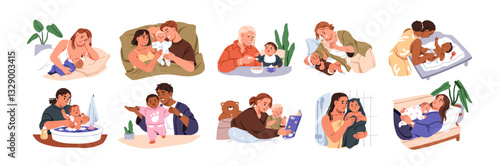 Mother and newborn baby, set. Child care, motherhood, maternity concept. Mom and kid life, feeding, bathing and playing. Family with infant. Flat vector illustrations isolated on white background