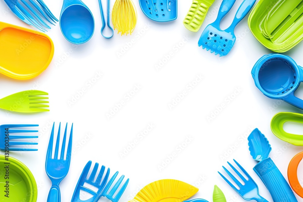 Colorful plastic kitchen utensils arranged in a circle on a white background.