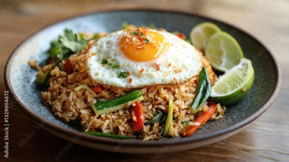 Delicious fried rice with sunny side up egg, fresh vegetables, and lime served in a rustic bowl on wooden table