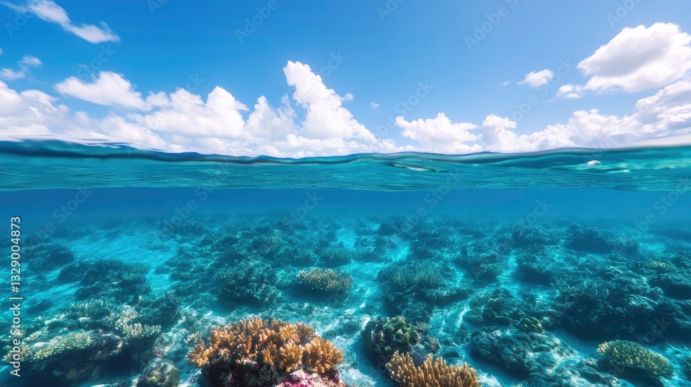 Stunning split-level view of vibrant coral reef under crystal-clear turquoise ocean water against a bright blue sky with fluffy white clouds. Stunning split-level view of vibrant coral reef under crystal-clear turquoise ocean water against a bright blue sky with fluffy white clouds.